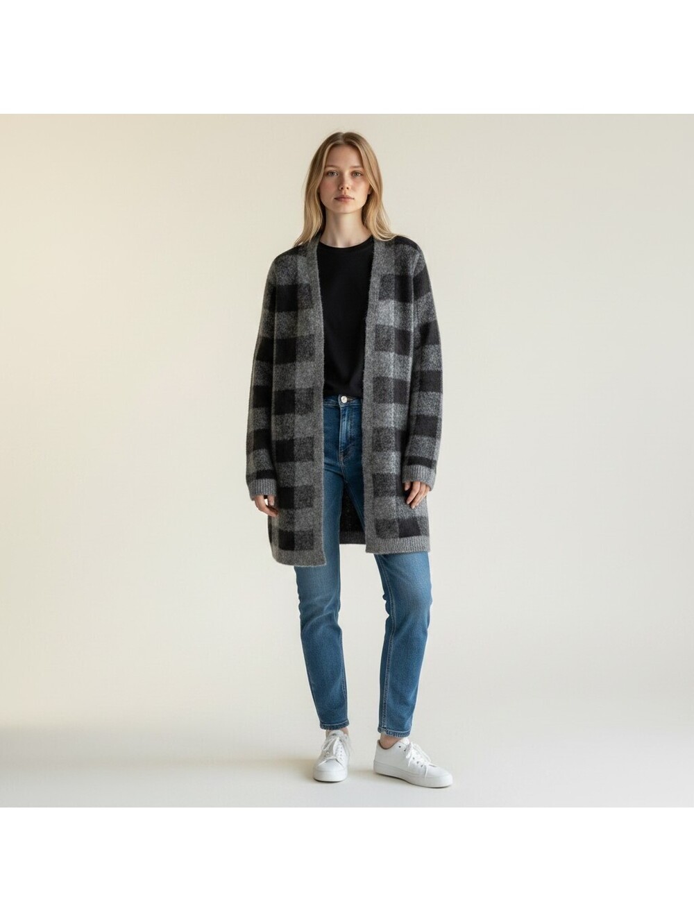 Old Navy Cardigan Women M Medium Gray Plaid Open Front Long Sleeve Knit Soft